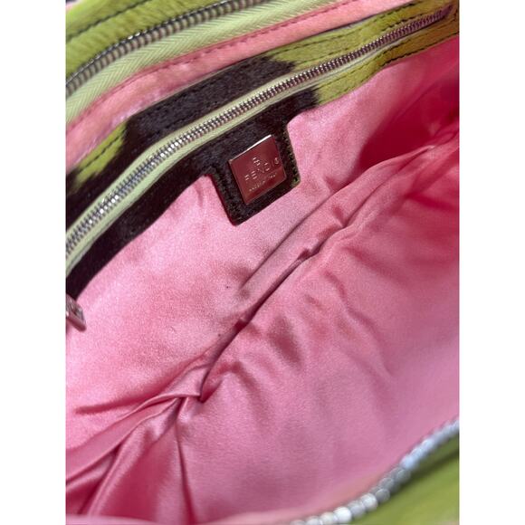 Fendi Vintage Pink Knit Floral Green Cow Print Pony Hair Trim Baguette Bag - Picture 6 of 7